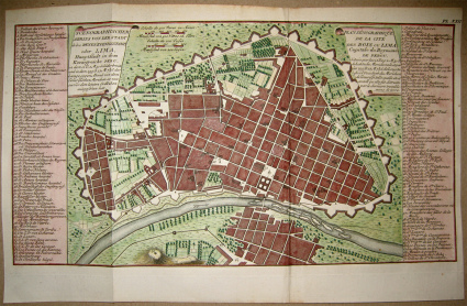Plan de la ciudad de Lima en 1750, una
                            ciudad con un gobierno solo para la nobleza
                            espaola. Fueron tambin mestizas, indgenas
                            y esclavos negros en la ciudad. (el norte
                            abajo)