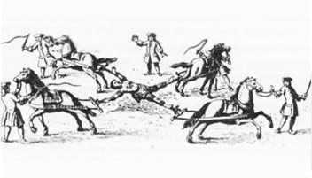 Cusco, Plaza
                          Mayor, intento de ejecuci�n de T�pac Amaru II
                          el 18 de mayo 1781 con 4 caballos. Al fin
                          Amaru II fue ejecutado por decapitaci�n.