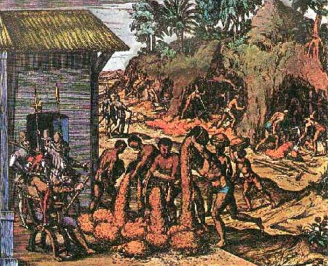 Trabajo
                  de esclavos indgenas y negros en una mina, cuadro del
                  siglo 17