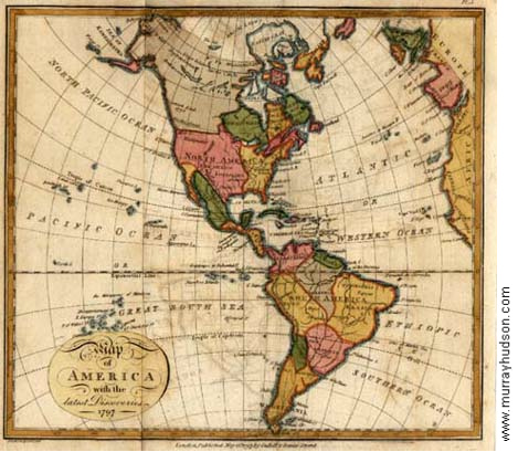 Mapa del
                      "America" del Norte y del
                      "America" del Sur en 1790. Se ve un Per
                      grande, un Mxico grande, y un Brasil no tan
                      grande, y los Estados Estupidos son todava
                      pequeos - pero parece que cada pas tiene su plan
                      de extensin.