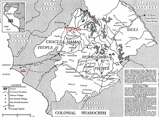 Mapa colonial de la provincia de Huarochir con
                    los pueblos Huanza y Carampoma