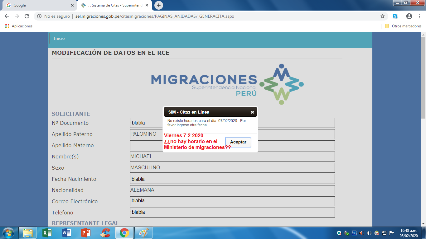 Cuando quiero una cita para el d�a
                    siguiente el programa de citas grita que no hay
                    horario para el 7-2-2020
