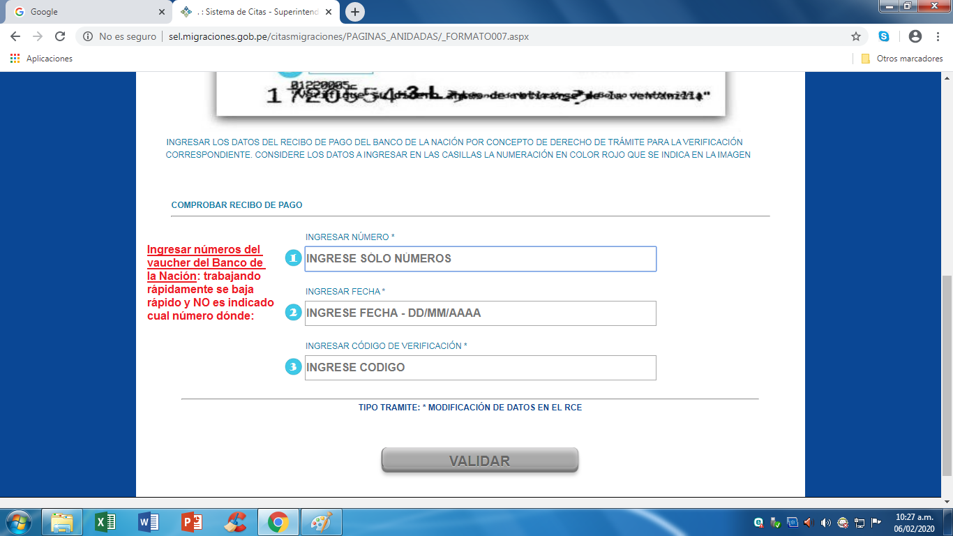 poner
                    n�meros del vaucher del Banco de la Naci�n:
                    trabajando r�pidamente se baja r�pido y NO es
                    indicado cual n�mero sale d�nde