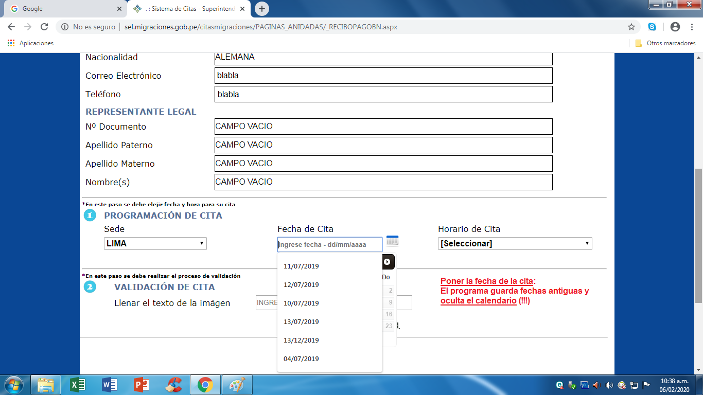 Poner la fecha de la cita: El programa
                      guarda fechas antiguas y oculta el calendario
                      (!!!)