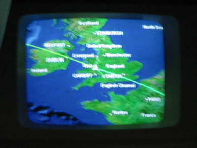 Map with flight position
over England on the screen in the airplane
(unfortunately blurred) Map with flight position over England
on the screen in the airplane (unfortunately
blurred)