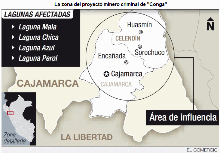 Mapa con la
              regi�n afectada por el proyecto minero criminal de
              "Conga". Lagunas afectadas son Laguna Mala,
              Chica, Azul y Perol.
