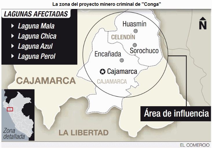 Mapa con la
              región afectada por el proyecto minero criminal de
              "Conga". Lagunas afectadas son Laguna Mala,
              Chica, Azul y Perol.