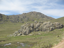 Colinas de pasto con formaciones de piedras
                        en el altiplano Huamina