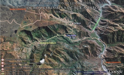 Dreidimensionales Satellitenfoto mit der
                          Anden-Hochebene des Huamina-Passes, mit Ocros,
                          Chumbes und dem Pampas-Fluss [5]