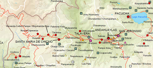 Karte mit dem Abstieg vom
                            Soraccocha-Pass durch die verschiedenen
                            Drfer Nueva Esperanza, Huayras, Hacienda
                            Culluni Pampa / Moyobamba Baja, Santa Mara
                            de Chicmo und Hualalache bis Talavera und
                            Andahuaylas; Karte des
                            Erziehungsdepartements Lima. Welches Foto
                            welchem Dorf zuzuordnen ist, das wissen nur
                            die Chauffeure.