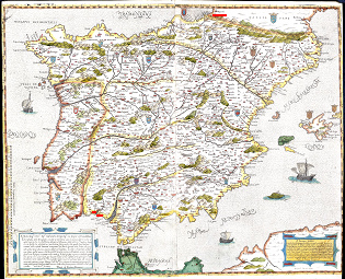Karte von Spanien
                                                  um 1600 mit Huelva und
                                                  Palos (links unten)
                                                  und Bayona (rechts
                                                  oben, heute Bayonne)