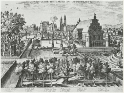 Kartoffeln kamen zuerst
                                          als "sch�ne Blume"
                                          in Zierg�rten, botanische
                                          G�rten, Universit�tsg�rten und
                                          Lustg�rten, hier ein
                                          Lustgarten in Stuttgart von
                                          1616 [24]