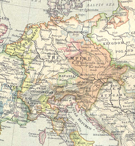 Das "Heilige Rmische
                                        Reich Deutscher Nation" im
                                        Jahre 1560, Karte [27], es
                                        reichte von Cambray bis
                                        Pressburg (heute Bratislava) und
                                        von Hamburg bis Florenz.
                                        Botaniker De l'Ecluse liess in
                                        diesem Gebiet die Kartoffel
                                        verbreiten.