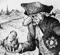 Die Karikatur
                                      von Kurt Halbritter zeigt Knig
                                      Friedrich den II. ("der
                                      Grosse") als Werber fr
                                      Kartoffeln (1744) - mit
                                      Kartoffelnase [42]