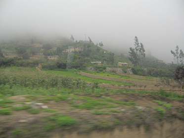 Das Dorf Huaytara (Huaytar) mit seinen
                        Feldern vorne dran, mit Feldmauern, und
                        Baumgestalten vor der Nebeldecke