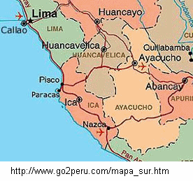 Karte 04: Die Strecke von Pisco nach Ayacucho
                      fhrt durch die Departemente Ica, Huancavelica und
                      Ayacucho
