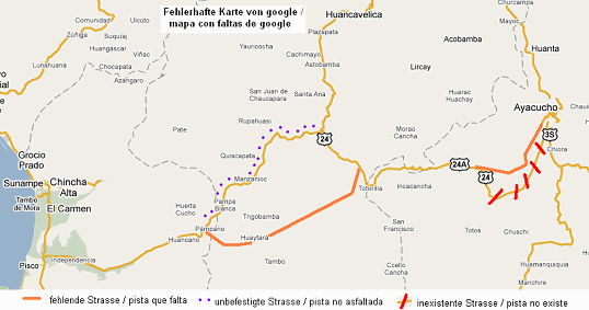 Karte 07: Pisco-Ayacucho von
                          maps.google.ch mit falschen Strassen und
                          fehlenden Strassen