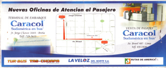 El rev�s del tiquete de la
                                  empresa "Caracol" resp.
                                  "Rutas de Am�rica" (ra) para
                                  el 6 de agosto 2008 de Lima a
                                  Guayaquil en la Panamericana, con un
                                  plano con la indicaci�n de la
                                  ventanilla en la Avenida Brasil no.
                                  487 y el terminal en el Jir�n Jorge
                                  Chavez no. 1644