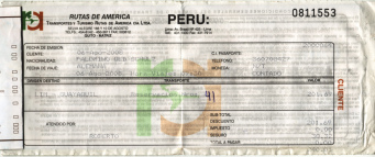 Tiquete de la empresa
                                    "Caracol" resp.
                                    "Rutas de Am�rica" (ra)
                                    para el 6 de agosto 2008 de Lima a
                                    Guayaquil en la Panamericana, el
                                    tiquete cost� 240.01 soles, mi
                                    puesto fue no. 41.