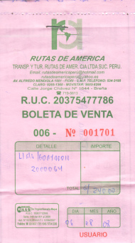 Tiquete de la empresa
                                    "Caracol" para el 6 de
                                    agosto 2008 de Lima a Guayaquil en
                                    la Panamericana, la boleta de 240.00
                                    soles