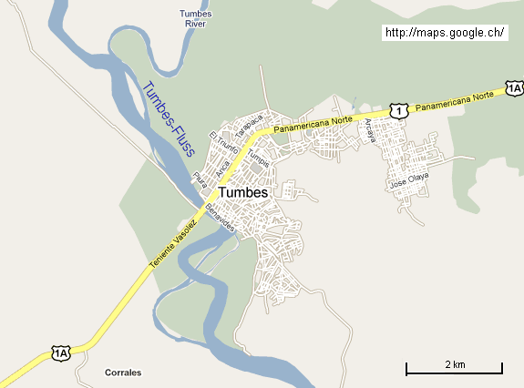 Karte von Tumbes mit dem
                                  Tumbes-Fluss, der in der Regenzeit
                                  regelmssig die Stadt berschwemmt