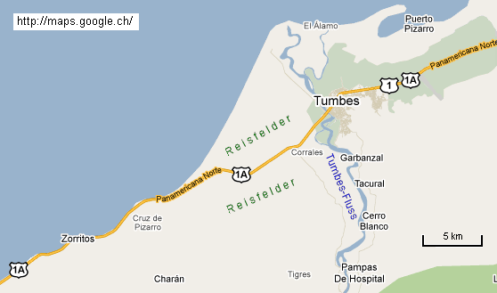 Mapa
                          del trayecto Tumbes - Corrales - Cruz -
                          Zorritos