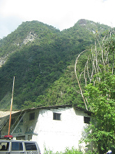 Casa blanca con monta�as selv�ticas al fondo