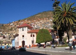 Tarma, das Zentrum mit Palme und Sicht
                          auf den bewohnten Hausberg