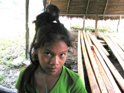 Amazonas-Flussdorf 02, ein Affe sitzt auf
                          dem Kopfe einer Indigenafrau