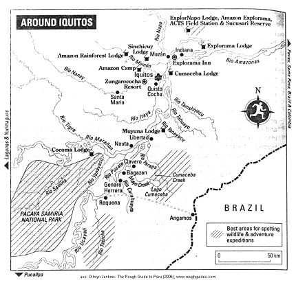 Map of the Iquitos region with jungle
                            camps. Towns and villages: Iquitos, Quisto
                            Cocha, Libertad, Nauta, Clavero, Bazagan,
                            Genrao Herrera, Requena, Angamos, Maz�n,
                            Indiana. Jungle camps: Cocome Lodge, Muyuna
                            Lodge, Amazon Camp, Amazon Rainforest Lodge,
                            Sinchicuy Lodge, Cumaceba Lodge, Explorama
                            Lodge, ExplorNapo Lodge, Amazon Explorama,
                            ACTS Field Station & Sucusari Reserve.
                            Reserves: Pacaya Samiria National Park,
                            Zungarocha Resort, Explorama Inn.