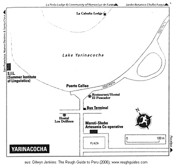 Map of Yarinacocha lake with tourist
                          indications: Puerto Callao, Restaurant /
                          Hostal El Pescador ("The
                          Fisherman"), Bus Terminal, Hostal Los
                          Delfines ("The Dolphines"), the
                          Maroti-Shobo Artesan�a Co-operative, the
                          Summer Institue of Linguistics (SIL), and the
                          Caba�a Lodge only reachable by boat.