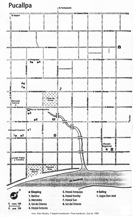 Map of the town of Pucallpa with tourist
                          hotels and tourist information