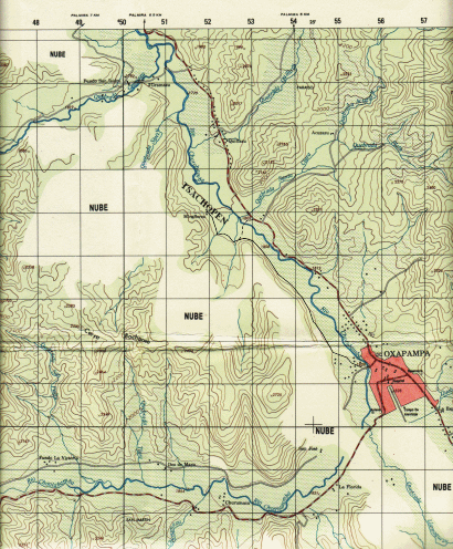 Mapa de la regi�n de Oxapampa 1:50,000,
                        completado por Tsachopen y los caminos all�
                        (completado por Michael Palomino), sin puntas de
                        montes, muchas veces con la indicaci�n
                        "nube"; Hoja "Oxapampa",
                        1:50.000, edici�n: 1-DMA, serie: J731, hoja:
                        1849 IV; Instituto geogr�fico militar, Avenida
                        Aramburu, cuadra 11, Surco, Lima