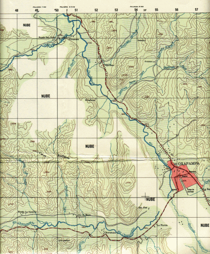 Mapa de la regi�n de Oxapampa 1:50,000
                          sin Tsachopen y sin puntas de montes, con la
                          indicaci�n "nube"; Hoja
                          "Oxapampa", 1:50,000, edici�n:
                          1-DMA, serie: J731, hoja: 1849 IV; Instituto
                          geogr�fico militar, Avenida Aramburu, cuadra
                          11, Surco, Lima