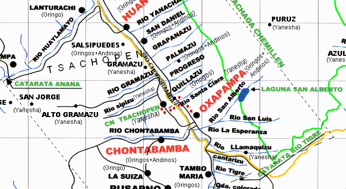 Karte mit der Region Oxapampa und dem
                            Weg von Quillazu nach Tsachopen quer durch
                            das Tal des Ro Chontabamba
