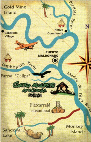 Map with the
                        position of Puerto Maldonado with the rivers
                        Madre de Dios, Piedras, Tambopata and the
                        Sandoval Lake