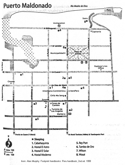 Map of the town of Puerto Maldonado with
                          tourist hotels and tourist information