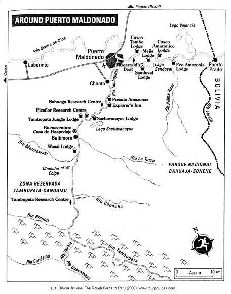 Map of the Puerto Maldonado region with lakes,
                rivers and lodges: Lago Sandoval, Lago Valencia, Lago
                Sachavacayoc, rivers and reservation zone