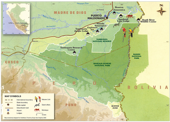 Map with the jungle natural reserves around
                      Puerto Maldonado with Tambopata River,
                      Bahuaja-Sonene National Park, Sandoval Lake and
                      the Bolivian Madidi National Park, also the lodges
                      Posada Amazonica, Explorers Inn, Tambopata Jungle
                      Lodge, Sandoval Lake Lodge and Reserva Amazonica,
                      and Tambopata Research Center as well; with
                      indication of macas lick, giant otters and monkeys
                      as well.