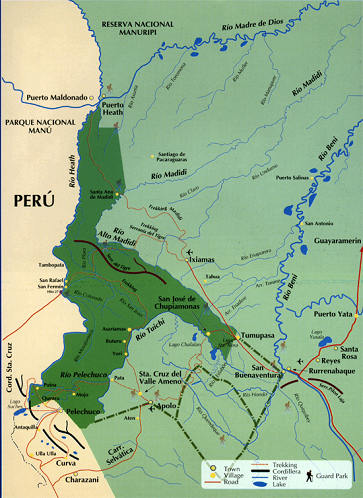 Map of the Madidi National Park in Bolivia
                      and Bolivian jungle