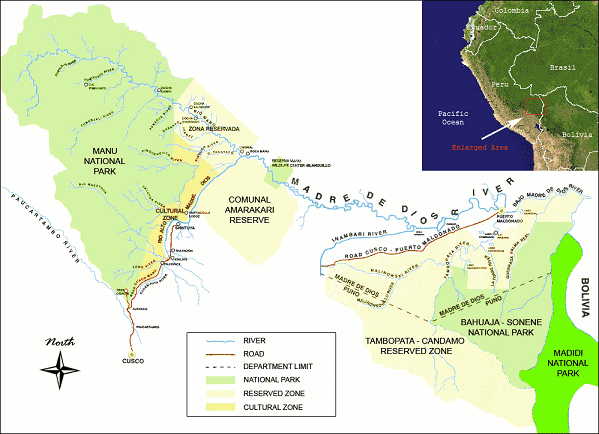 Map of the national parks of Man and in the
                  region of Puerto Maldonado