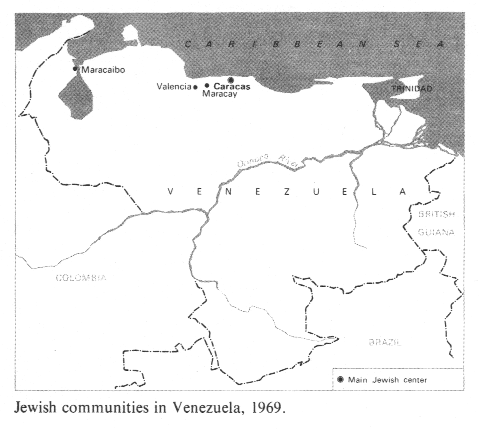 Encyclopaedia Judaica
                  (1971): Venezuela, volume 16, col. 90, map of
                  Venezuela with the Jewish communities of 1969:
                  Maracaibo, Valencia, Maracay, and Caracas.