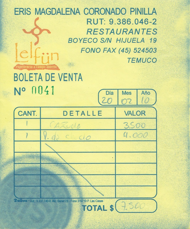 Recibo de la comida
                        en la ruca al km 8 entre Temuco y Chol Chol