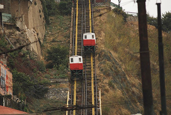 Standseilbahn in Valparaiso in
                            Rot-Weiss [6]