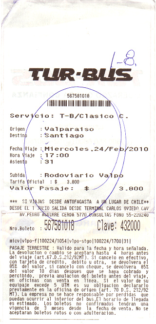 Busticket f�r die Strecke
                            Valparaiso-Santiago der Firma Tur-Bus f�r
                            den 24. Februar 2010, Abfahrt 17 Uhr vom
                            Terminal Rodoviario Valparaiso, 3800 Pesos
                            (knapp 8 Franken)