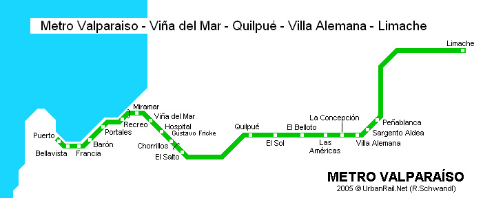 Stationenkarte der Metro von Valparaiso
                            vom Hafen ("Puerto") bis Limache,
                            Grafik mit der Angabe der Tunnelstrecke. Die
                            Metro-Stationen: Strecke �berirdisch: Puerto
                            - Bellavista - Francia - Bar�n - Recreo -
                            Tunnelstrecke: Miramar - Vi�a del Mar -
                            Hospital Gustavo Fricke - Chorrillos -
                            Strecke �berirdisch: El Salto - Quilpu� - El
                            Sol - El Belloto - Las Am�ricas - La
                            Concepci�n - Villa Alemana - Sargento Aldea
                            - Pe�ablanca - Limache [Karte 4]