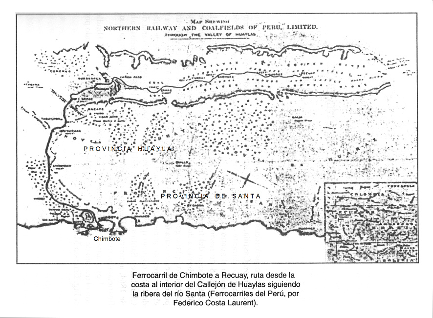 Ferrocarril de Chimbote a Recuay, ruta
                            desde la costa al interior del Callej�n de
                            Huaylas siguiendo la ribera del r�o Santa
                            (Ferrocarriles del Per�, por Federico Costa
                            Laurent) (p.65)