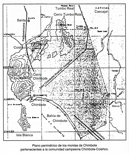Mapa
                            con Chimbote, Coishco y Santa: Plano
                            perim�trico de los montes de Chimbote
                            pertenecientes a la comunidad campesina
                            Chimbote-Coishco