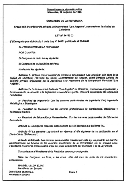 Constancia de la
                    fundaci�n de la Universidad "Los �ngeles"
                    de 1985