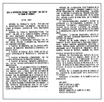 Constancia
                      de la fundaci�n de la Universidad Privada de San
                      Pedro de 1988